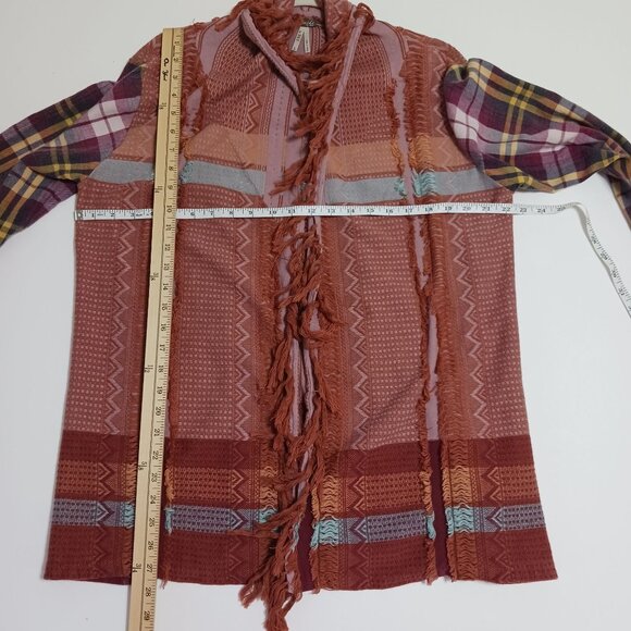 Gimmicks by BKE Open Front Fringe Cardigan Size Large Multicolor Plaid Boho - Picture 11 of 13
